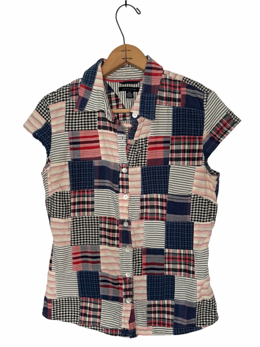Tommy Hilfiger Madrid Patchwork Cap Sleeve Button Down Shirt Size Small Y2K